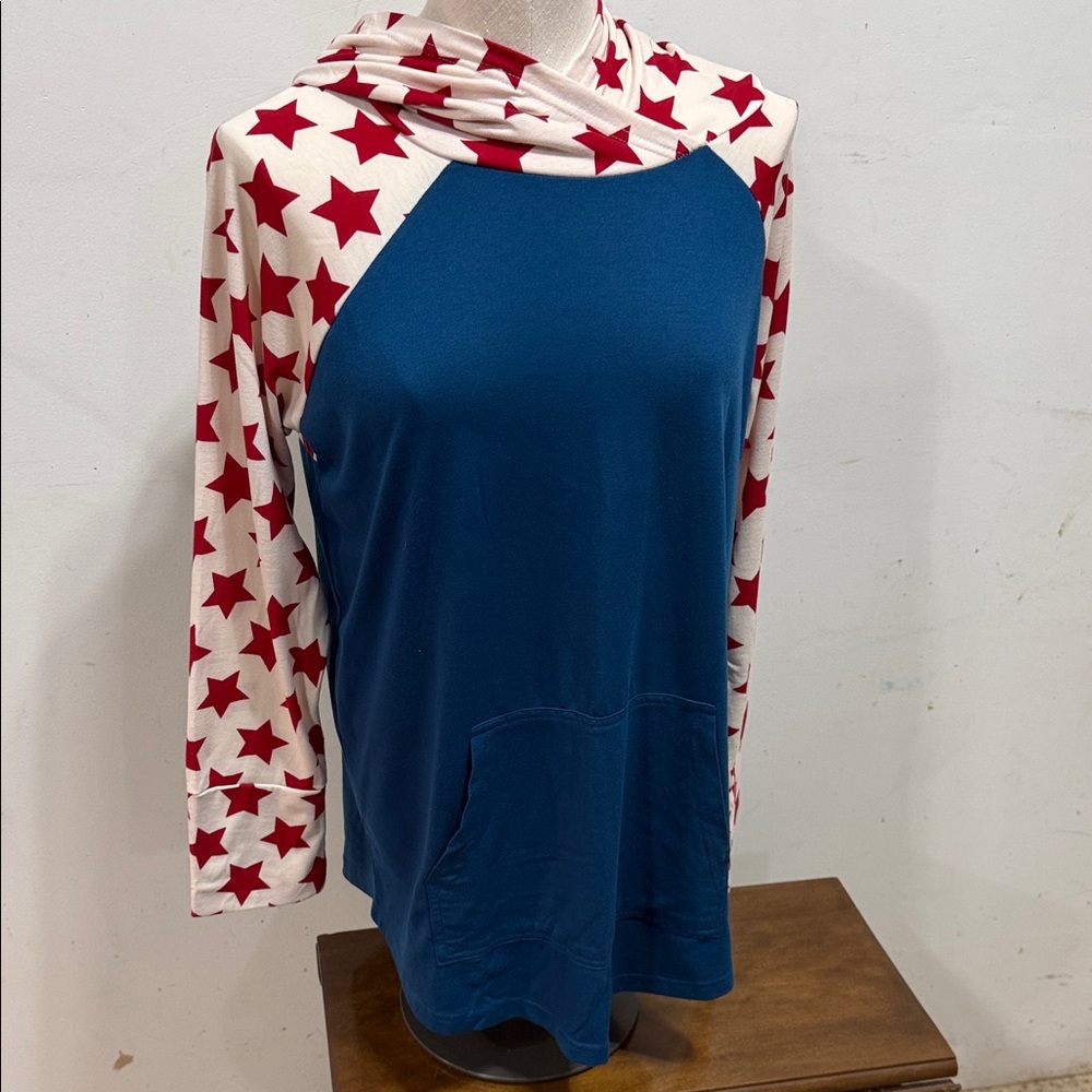 LuLaRoe Red Star Pattern Hoodie with Blue Body